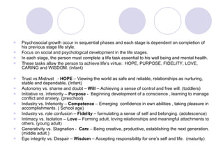 Psychosocial growth occur in sequential phases and each stage is dependent on completion of his previous stage life style. Focus on social and psychological development in the life stages. In each stage, the person must complete a life task essential to his well being and mental health. These tasks allow the person to achieve life’s virtue:  HOPE, PURPOSE, FIDELITY, LOVE, CARING and WISDOM. (infant) Trust vs Mistrust  -  HOPE  – Viewing the world as safe and reliable, relationships as nurturing, stable and dependable. (Infant)  Autonomy vs. shame and doubt –  Will  – Achieving a sense of control and free will. (toddlers) Initiative vs. inferiority –  Purpose  -  Beginning development of a conscience , learning to manage conflict and anxiety. (preschool) Industry vs. Inferiority –  Competence  – Emerging  confidence in own abilities , taking pleasure in accomplishments. ( School age) Industry vs. role confusion –  Fidelity  – formulating a sense of self and belonging. (adolescence) Intimacy vs. Isolation –  Love  – Forming adult, loving relationships and meaningful attachments to others. (young adult) Generativity vs. Stagnation -  Care  – Being creative, productive, establishing the next generation. (middle adult.) Ego integrity vs. Despair –  Wisdom  – Accepting responsibility for one’s self and life.  (maturity) 