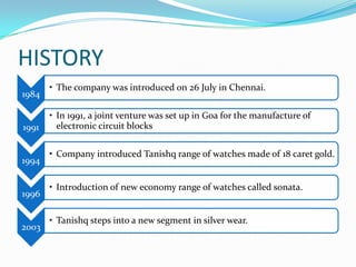 HISTORY
1984

1991

1994

1996

2003

• The company was introduced on 26 July in Chennai.
• In 1991, a joint venture was set up in Goa for the manufacture of
electronic circuit blocks
• Company introduced Tanishq range of watches made of 18 caret gold.

• Introduction of new economy range of watches called sonata.

• Tanishq steps into a new segment in silver wear.

 