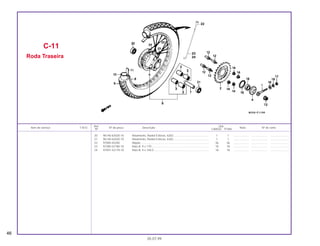 20 96140-62020-10 Rolamento, Radial Esferas, 6202............................................. 1 1 .................... ..................... .......................
21 96140-63020-10 Rolamento, Radial Esferas, 6302............................................. 1 1 .................... ..................... .......................
22 97000-45200 Nipple....................................................................................... 36 36 .................... ..................... .......................
23 97280-52180-10 Raio B, 9 x 170......................................................................... 18 18 .................... ..................... .......................
24 97491-52179-10 Raio B, 9 x 169,5...................................................................... 18 18 .................... ..................... .......................
C-11
Roda Traseira
46
05.07.99
Ref. Qtd.
Item de serviço T.M.O. Nº da peça Descrição Nota Nº de série
Nº CARGO TITAN
 