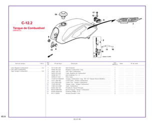 Ref. Qtd.
Item de serviço T.M.O. Nº da Peça Descrição Nota Nº de série
Nº ARISCO
05.07.99
1 16173-001-004 Anel Vedação ............................................................................................ 1 .............. ..................... .......................
2 16950-397-630 Registro Combustível, Conj ....................................................................... 1 .............. ..................... .......................
3 16952-195-701 Tela, Filtro Combustível ............................................................................. 1 .............. ..................... .......................
4 16953-397-630 Copo, Registro de Combustível................................................................. 1 .............. ..................... .......................
5 16958-397-771 Anel Vedação, 9 x 1,3................................................................................ 1 .............. ..................... .......................
6 16959-471-831 Filtro Copo ................................................................................................. 1 .............. ..................... .......................
7 17520-KCH-B6AYA Tanque, Combustível, Conj. *RP-133* Púrpura Arisco Metálica ............... 1 .............. ..................... .......................
8 17611-286-000 Coxim Diant., Tanque Combustível ........................................................... 2 .............. ..................... .......................
9 17613-MV4-000 Coxim Tras., Tanque Combustível............................................................. 1 .............. ..................... .......................
10 17620-460-067 Tampa Comp., Tanque Combustível......................................................... 1 .............. ..................... .......................
11 17681-KCH-900 Tubo, Combustível..................................................................................... 1 .............. ..................... .......................
12 45464-383-720 Presilha A, Fiação Principal....................................................................... 1 .............. ..................... .......................
13 90324-KBW-900 Bucha Fixação, Tanque Combustível........................................................ 1 .............. ..................... .......................
14 93500-04008-0A Parafuso Phillips, 4 x 8............................................................................... 2 .............. ..................... .......................
15 94111-04000 Arruela Pressão, 4 mm .............................................................................. 2 .............. ..................... .......................
C-12.2
Tanque de Combustível
(ARISCO)
Conj. Registro Combustível...................................0,2
• Tela, Filtro Combustível
Jogo Tanque Combustível.....................................0,3
49.A
 