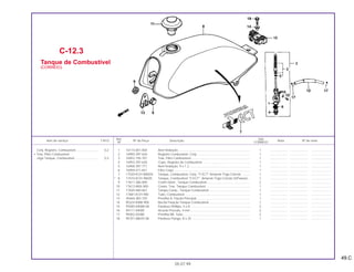 49.C
Ref. Qtd.
Item de serviço T.M.O. Nº da Peça Descrição Nota Nº de série
Nº CORREIO
1 16173-001-004 Anel Vedação................................................................................... 1 .................... ..................... .......................
2 16950-397-630 Registro Combustível, Conj.............................................................. 1 .................... ..................... .......................
3 16952-195-701 Tela, Filtro Combustível.................................................................... 1 .................... ..................... .......................
4 16953-397-630 Copo, Registro de Combustível....................................................... 1 .................... ..................... .......................
5 16958-397-771 Anel Vedação, 9 x 1,3...................................................................... 1 .................... ..................... .......................
6 16959-471-831 Filtro Copo........................................................................................ 1 .................... ..................... .......................
7 17520-KCH-89AZA Tanque, Combustível, Conj. *Y-ECT* Amarelo Trigo-Correio .......... 1 .................... ..................... .......................
* 8 17510-KCH-900ZE Tanque, Combustível *Y-ECT* Amarelo Trigo-Correio (S/Faixas)... 1 .................... ..................... .......................
9 17611-286-000 Coxim Diant., Tanque Combustível.................................................. 2 .................... ..................... .......................
10 17613-MV4-000 Coxim, Tras. Tanque Combustível................................................... 1 .................... ..................... .......................
11 17620-460-067 Tampa Comp., Tanque Combustível ............................................... 1 .................... ..................... .......................
12 17681-KCH-900 Tubo, Combustível ........................................................................... 1 .................... ..................... .......................
13 45464-383-720 Presilha A, Fiação Principal ............................................................. 1 .................... ..................... .......................
14 90324-KBW-900 Bucha Fixação Tanque Combustível ............................................... 1 .................... ..................... .......................
15 93500-04008-0A Parafuso Phillips, 4 x 8..................................................................... 2 .................... ..................... .......................
16 94111-04000 Arruela Pressão, 4 mm..................................................................... 2 .................... ..................... .......................
17 95002-02080 Presilha B8, Tubo............................................................................. 2 .................... ..................... .......................
18 95701-08025-08 Parafuso Flange, 8 x 25 ................................................................... 1 .................... ..................... .......................
C-12.3
Tanque de Combustível
(CORREIO)
05.07.99
Conj. Registro, Combustível.......................... 0,2
• Tela, Filtro Combustível
Jogo Tanque, Combustível ........................... 0,3
 