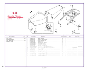 1 17245-107-010 Bucha, Borracha...................................................................... 4 – .................... ..................... .......................
2 50190-KY0-830 Bucha A, Tampa Traseira ........................................................ 2 – .................... ..................... .......................
3 50710-371-007 Trava, Capacete, Conj............................................................. 1 – .................... ..................... .......................
4 61104-357-000 Bucha Fixação ......................................................................... 4 – .................... ..................... .......................
5 77100-KCH-890 Assento Comp. Simples........................................................... 1 – .................... ..................... .......................
6 77202-KW1-900 Suporte Dir. Assento................................................................ 1 – .................... ..................... .......................
7 77203-KW1-900 Suporte Esq. Assento .............................................................. 1 – .................... ..................... .......................
8 77205-286-000 Borracha, Apoio Assento......................................................... 2 – .................... ..................... .......................
9 77310-KCH-890ZA Tampa Traseira, Conj. *NH-138* Branco................................. 1 – .................... ~ VVR006641
10 77300-KY0-830ZA Tampa Traseira *NH-138* Branco (sem faixa) ........................ 1 – .................... WVR000001 ~
11 81350-KY0-830 Bagageiro, Comp..................................................................... 1 – .................... ..................... .......................
12 90512-300-000 Bucha, 6 x 20........................................................................... 2 – .................... ..................... .......................
13 93892-06010-08 Parafuso Arruela, 6 x 10........................................................... 2 – .................... ..................... .......................
14 94050-06080 Porca Flange, 6 mm................................................................. 4 – .................... ..................... .......................
15 95701-06012-00 Parafuso Flange, 6 x 12 ........................................................... 2 – .................... ..................... .......................
16 95701-08016-00 Parafuso Flange, 8 x 16 ........................................................... 2 – .................... ..................... .......................
17 95701-08025-00 Parafuso Flange, 8 x 25 ........................................................... 2 – .................... ..................... .......................
C-13
Assento • Tampa
Traseira • Bagageiro
(CARGO)
50
05.07.99
Conj. Assento ........................................................0,1
(Inclui Peça Relativa)
Conj. Tampa Tras. .................................................0,3
• Bagageiro, Comp.
Ref. Qtd.
Item de serviço T.M.O. Nº da peça Descrição Nota Nº de série
Nº CARGO TITAN
 