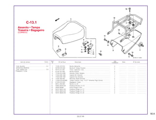 50.A
Ref. Qtd.
Item de serviço T.M.O. Nº da Peça Descrição Nota Nº de série
Nº CORREIO
1 17245-107-010 Bucha, Borracha .............................................................................. 4 .................... ..................... .......................
2 50190-KY0-830 Bucha A, Tampa Traseira ................................................................ 2 .................... ..................... .......................
3 50710-371-007 Trava, Capacete, Conj ..................................................................... 1 .................... ..................... .......................
4 61104-357-000 Bucha Fixação ................................................................................. 4 .................... ..................... .......................
5 77100-KCH-890 Assento Comp. Simples................................................................... 1 .................... ..................... .......................
6 77202-KW1-900 Suporte Dir. Assento ........................................................................ 1 .................... ..................... .......................
7 77203-KW1-900 Suporte Esq. Assento....................................................................... 1 .................... ..................... .......................
8 77205-286-000 Borracha, Apoio Assento ................................................................. 2 .................... ..................... .......................
* 9 77300-KY0-830WA Tampa Traseira, Conj. *Y-ECT* Amarelo Trigo-Correio ................... 1 .................... ..................... .......................
10 81350-KY0-830 Bagageiro, Comp............................................................................. 1 .................... ..................... .......................
11 90512-300-000 Bucha, 6 x 20 ................................................................................... 2 .................... ..................... .......................
12 93892-06010-08 Parafuso Arruela, 6 x 10................................................................... 2 .................... ..................... .......................
13 94050-06080 Porca Flange, 6 mm......................................................................... 4 .................... ..................... .......................
14 95701-06012-00 Parafuso Flange, 6 x 12 ................................................................... 2 .................... ..................... .......................
15 95701-08016-00 Parafuso Flange, 8 x 16 ................................................................... 2 .................... ..................... .......................
16 95701-08025-00 Parafuso Flange, 8 x 25 ................................................................... 2 .................... ..................... .......................
C-13.1
Assento • Tampa
Traseira • Bagageiro
(CORREIO)
05.07.99
Conj. Assento ........................................................0,1
(Inclui Peça Relativa)
Conj. Tampa Tras. .................................................0,3
• Bagageiro, Comp.
 