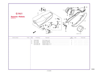 53.B
Ref. Qtd.
Item de serviço T.M.O. Nº da Peça Descrição Nota Nº de série
Nº ARISCO
23 94050-06000 Porca Flange, 6 mm ................................................................................... 5 .............. ..................... .......................
24 95011-61000 Borracha Limitadora................................................................................... 1 .............. ..................... .......................
25 95011-62000 Borracha, Tubo Tras................................................................................... 2 .............. ..................... .......................
26 95701-06012-08 Parafuso Flange, 6 x 12.............................................................................. 3 .............. ..................... .......................
95701-06012-00 Parafuso Flange, 6 x 12.............................................................................. 3 .............. ..................... .......................
C-14.1
Assento • Rabeta
(ARISCO)
21.08.98
 