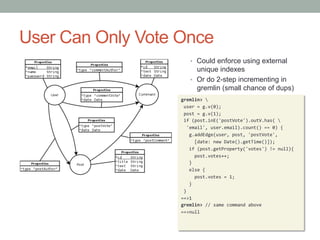 User Can Only Vote Once 
• Could enforce using external 
unique indexes 
• Or do 2-step incrementing in 
gremlin (small ch...