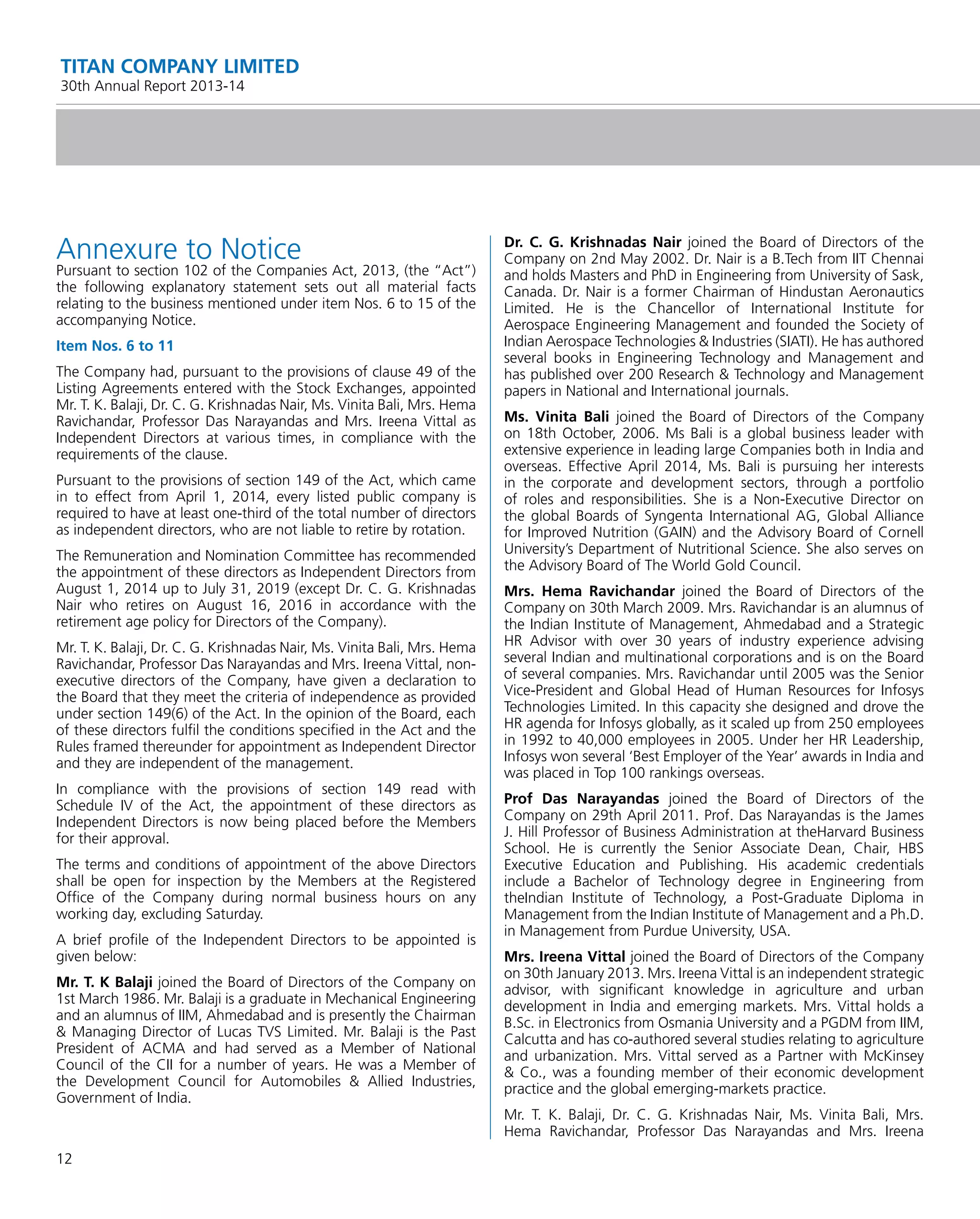 12
TITAN COMPANY LIMITED
30th Annual Report 2013-14
Annexure to Notice
Pursuant to section 102 of the Companies Act, 2013, (the “Act”)
the following explanatory statement sets out all material facts
relating to the business mentioned under item Nos. 6 to 15 of the
accompanying Notice.
Item Nos. 6 to 11
The Company had, pursuant to the provisions of clause 49 of the
Listing Agreements entered with the Stock Exchanges, appointed
Mr. T. K. Balaji, Dr. C. G. Krishnadas Nair, Ms. Vinita Bali, Mrs. Hema
Ravichandar, Professor Das Narayandas and Mrs. Ireena Vittal as
Independent Directors at various times, in compliance with the
requirements of the clause.
Pursuant to the provisions of section 149 of the Act, which came
in to effect from April 1, 2014, every listed public company is
required to have at least one-third of the total number of directors
as independent directors, who are not liable to retire by rotation.
The Remuneration and Nomination Committee has recommended
the appointment of these directors as Independent Directors from
August 1, 2014 up to July 31, 2019 (except Dr. C. G. Krishnadas
Nair who retires on August 16, 2016 in accordance with the
retirement age policy for Directors of the Company).
Mr. T. K. Balaji, Dr. C. G. Krishnadas Nair, Ms. Vinita Bali, Mrs. Hema
Ravichandar, Professor Das Narayandas and Mrs. Ireena Vittal, non-
executive directors of the Company, have given a declaration to
the Board that they meet the criteria of independence as provided
under section 149(6) of the Act. In the opinion of the Board, each
of these directors fulﬁl the conditions speciﬁed in the Act and the
Rules framed thereunder for appointment as Independent Director
and they are independent of the management.
In compliance with the provisions of section 149 read with
Schedule IV of the Act, the appointment of these directors as
Independent Directors is now being placed before the Members
for their approval.
The terms and conditions of appointment of the above Directors
shall be open for inspection by the Members at the Registered
Ofﬁce of the Company during normal business hours on any
working day, excluding Saturday.
A brief proﬁle of the Independent Directors to be appointed is
given below:
Mr. T. K Balaji joined the Board of Directors of the Company on
1st March 1986. Mr. Balaji is a graduate in Mechanical Engineering
and an alumnus of IIM, Ahmedabad and is presently the Chairman
& Managing Director of Lucas TVS Limited. Mr. Balaji is the Past
President of ACMA and had served as a Member of National
Council of the CII for a number of years. He was a Member of
the Development Council for Automobiles & Allied Industries,
Government of India.
Dr. C. G. Krishnadas Nair joined the Board of Directors of the
Company on 2nd May 2002. Dr. Nair is a B.Tech from IIT Chennai
and holds Masters and PhD in Engineering from University of Sask,
Canada. Dr. Nair is a former Chairman of Hindustan Aeronautics
Limited. He is the Chancellor of International Institute for
Aerospace Engineering Management and founded the Society of
Indian Aerospace Technologies & Industries (SIATI). He has authored
several books in Engineering Technology and Management and
has published over 200 Research & Technology and Management
papers in National and International journals.
Ms. Vinita Bali joined the Board of Directors of the Company
on 18th October, 2006. Ms Bali is a global business leader with
extensive experience in leading large Companies both in India and
overseas. Effective April 2014, Ms. Bali is pursuing her interests
in the corporate and development sectors, through a portfolio
of roles and responsibilities. She is a Non-Executive Director on
the global Boards of Syngenta International AG, Global Alliance
for Improved Nutrition (GAIN) and the Advisory Board of Cornell
University’s Department of Nutritional Science. She also serves on
the Advisory Board of The World Gold Council.
Mrs. Hema Ravichandar joined the Board of Directors of the
Company on 30th March 2009. Mrs. Ravichandar is an alumnus of
the Indian Institute of Management, Ahmedabad and a Strategic
HR Advisor with over 30 years of industry experience advising
several Indian and multinational corporations and is on the Board
of several companies. Mrs. Ravichandar until 2005 was the Senior
Vice-President and Global Head of Human Resources for Infosys
Technologies Limited. In this capacity she designed and drove the
HR agenda for Infosys globally, as it scaled up from 250 employees
in 1992 to 40,000 employees in 2005. Under her HR Leadership,
Infosys won several ‘Best Employer of the Year’ awards in India and
was placed in Top 100 rankings overseas.
Prof Das Narayandas joined the Board of Directors of the
Company on 29th April 2011. Prof. Das Narayandas is the James
J. Hill Professor of Business Administration at theHarvard Business
School. He is currently the Senior Associate Dean, Chair, HBS
Executive Education and Publishing. His academic credentials
include a Bachelor of Technology degree in Engineering from
theIndian Institute of Technology, a Post-Graduate Diploma in
Management from the Indian Institute of Management and a Ph.D.
in Management from Purdue University, USA.
Mrs. Ireena Vittal joined the Board of Directors of the Company
on 30th January 2013. Mrs. Ireena Vittal is an independent strategic
advisor, with signiﬁcant knowledge in agriculture and urban
development in India and emerging markets. Mrs. Vittal holds a
B.Sc. in Electronics from Osmania University and a PGDM from IIM,
Calcutta and has co-authored several studies relating to agriculture
and urbanization. Mrs. Vittal served as a Partner with McKinsey
& Co., was a founding member of their economic development
practice and the global emerging-markets practice.
Mr. T. K. Balaji, Dr. C. G. Krishnadas Nair, Ms. Vinita Bali, Mrs.
Hema Ravichandar, Professor Das Narayandas and Mrs. Ireena
 