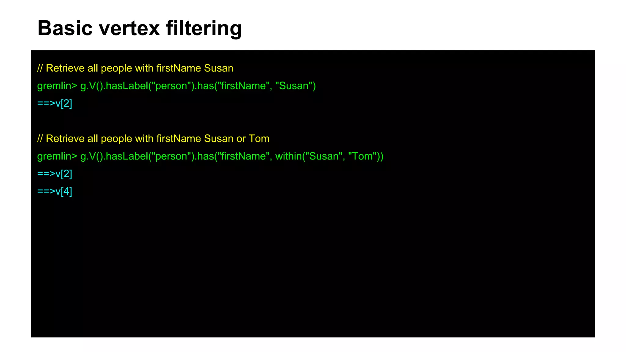 Basic vertex filtering
// Retrieve all people with firstName Susan
gremlin> g.V().hasLabel("person").has("firstName", "Susan")
==>v[2]
// Retrieve all people with firstName Susan or Tom
gremlin> g.V().hasLabel("person").has("firstName", within("Susan", "Tom"))
==>v[2]
==>v[4]
 
