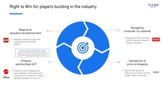 Right to Win for players building in the industry
Navigating
consumer vs customer
Balance of
education & entertainment
Intersection of
price vs longevity
Enhance
partnerships & IP
• Resonate to the consumer
(child) need and customer
(parent) demands
• Benchmark quality at
efficient price points for the
larger Indian consumers
• Blending interactive play with
cognitive and motor skill
growth
• Enhance cross-collaboration
with networks and brands while
investing in IP creation for broad
portfolio strength, driving LTV
A direct correlation between Netflix’s “Barbie
Dreamhouse Adventures” and sales of the Barbie
Dreamhouse was observed upon release and one of
the fastest selling toys of the franchise in the US
 