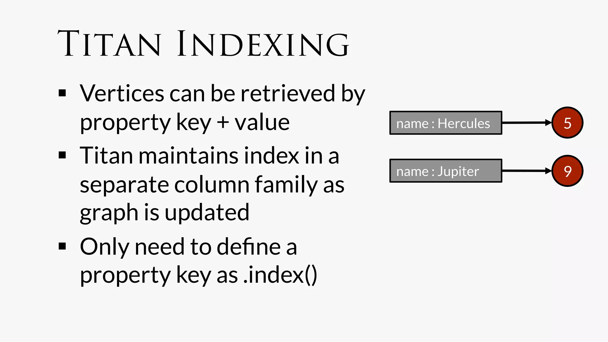 Titan Indexing
  Vertices can be retrieved by
   property key + value
          name : Hercules
   5

  Titan maintains index in a
                                  name : Jupiter
    9
   separate column family as
   graph is updated
  Only need to deﬁne a
   property key as .index()
 