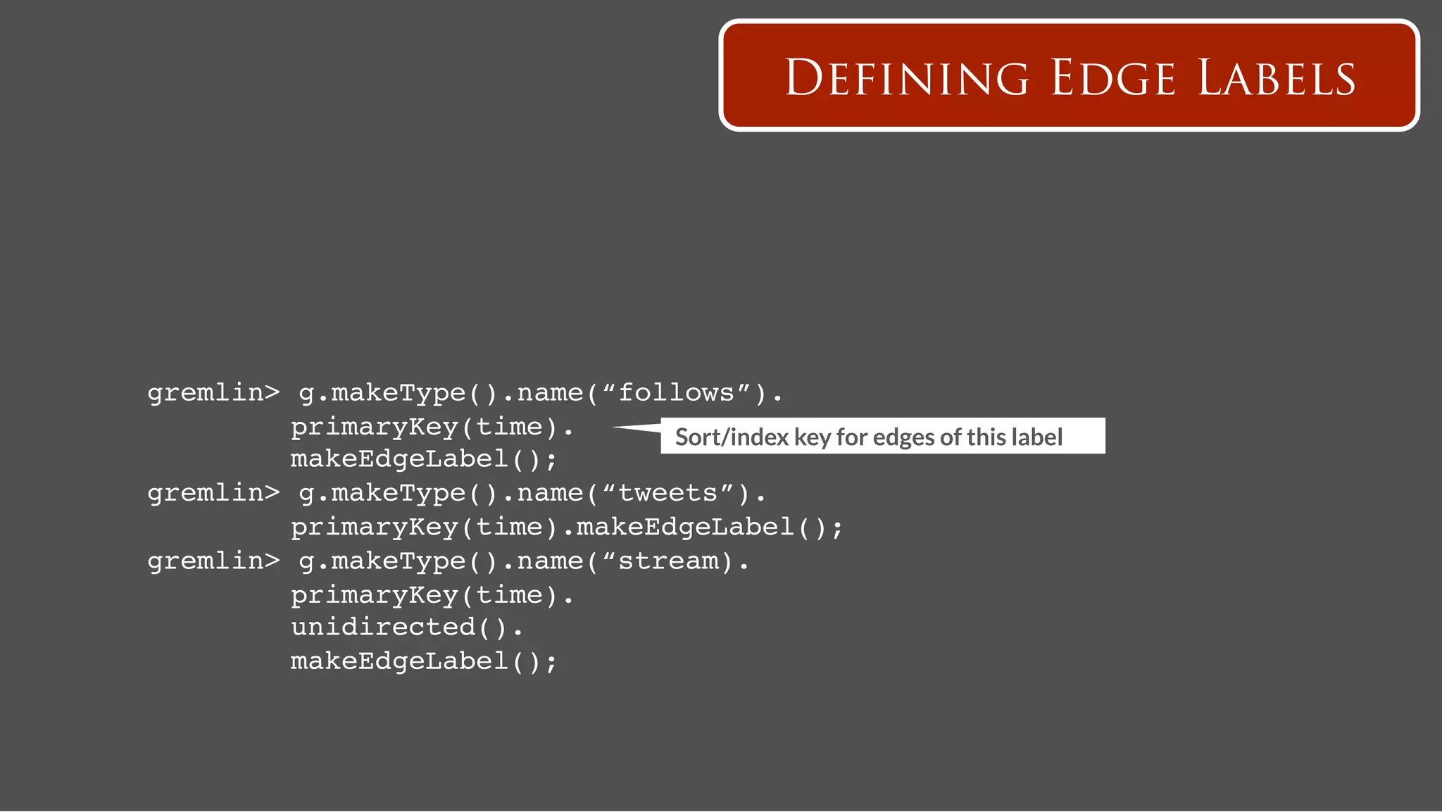 Defining Edge Labels




gremlin>   g.makeType().name(“follows”).!
   ! !     primaryKey(time).!     Sort/index key for edges of this label
   ! !     makeEdgeLabel();!
gremlin>   g.makeType().name(“tweets”).!
   ! !     primaryKey(time).makeEdgeLabel();!
gremlin>   g.makeType().name(“stream).!
   ! !     primaryKey(time).!
   ! !     unidirected().!
   ! !     makeEdgeLabel();!
 