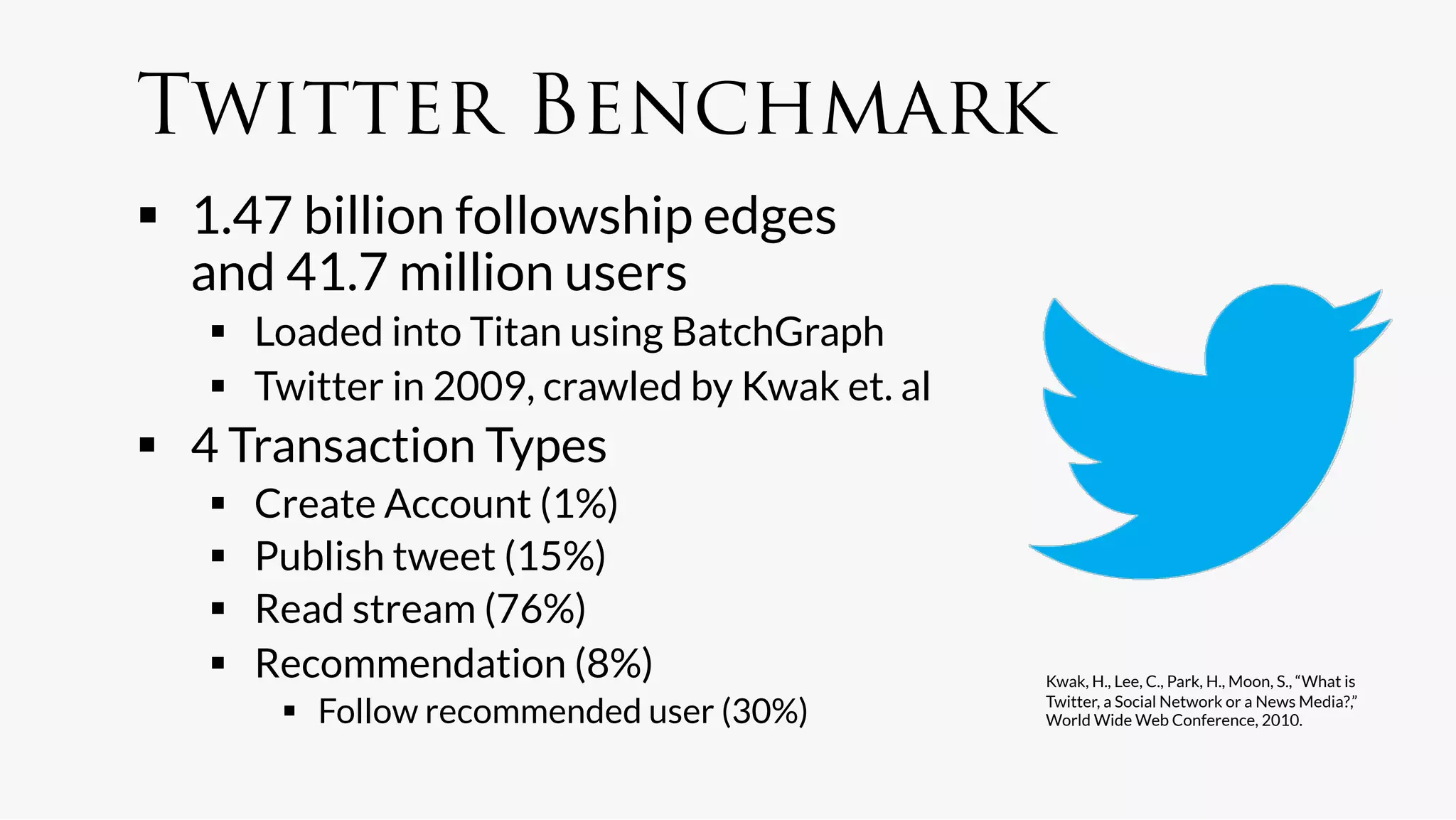 Twitter Benchmark
  1.47 billion followship edges
   and 41.7 million users
     Loaded into Titan using BatchGraph
     Twitter in 2009, crawled by Kwak et. al
  4 Transaction Types
       Create Account (1%)
       Publish tweet (15%)
       Read stream (76%)
       Recommendation (8%)
                     Kwak, H., Lee, C., Park, H., Moon, S., “What is

           Follow recommended user (30%)
       Twitter, a Social Network or a News Media?,”
                                                 World Wide Web Conference, 2010.
 
