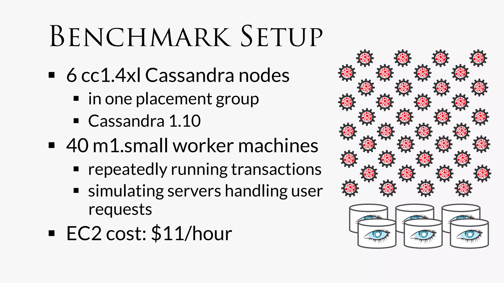 Benchmark Setup
  6 cc1.4xl Cassandra nodes
     in one placement group
     Cassandra 1.10
  40 m1.small worker machines
     repeatedly running transactions
     simulating servers handling user
      requests
  EC2 cost: $11/hour
 