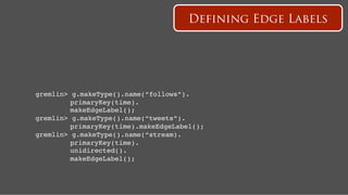 Defining Edge Labels




gremlin>   g.makeType().name(“follows”).!
   ! !     primaryKey(time).!
   ! !     makeEdgeLabel();!
gremlin>   g.makeType().name(“tweets”).!
   ! !     primaryKey(time).makeEdgeLabel();!
gremlin>   g.makeType().name(“stream).!
   ! !     primaryKey(time).!
   ! !     unidirected().!
   ! !     makeEdgeLabel();!
 