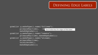 Defining Edge Labels




gremlin>   g.makeType().name(“follows”).!
   ! !     primaryKey(time).!     Sort/index key for edges of this label
   ! !     makeEdgeLabel();!
gremlin>   g.makeType().name(“tweets”).!
   ! !     primaryKey(time).makeEdgeLabel();!
gremlin>   g.makeType().name(“stream).!
   ! !     primaryKey(time).!
   ! !     unidirected().!
   ! !     makeEdgeLabel();!
 