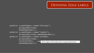 Defining Edge Labels




gremlin>   g.makeType().name(“follows”).!
   ! !     primaryKey(time).!
   ! !     makeEdgeLabel();!
gremlin>   g.makeType().name(“tweets”).!
   ! !     primaryKey(time).makeEdgeLabel();!
gremlin>   g.makeType().name(“stream).!
   ! !     primaryKey(time).!
   ! !     unidirected().!
                                Store edges of this label only in outgoing direction 
   ! !     makeEdgeLabel();!
 
