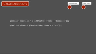 name: Hercules
   name: Pluto
Create Accounts




   gremlin> hercules = g.addVertex(['name':'Hercules']);!

   gremlin> pluto = g.addVertex(['name':'Pluto']);!
 