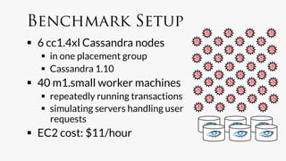 Benchmark Setup
  6 cc1.4xl Cassandra nodes
     in one placement group
     Cassandra 1.10
  40 m1.small worker machines
     repeatedly running transactions
     simulating servers handling user
      requests
  EC2 cost: $11/hour
 