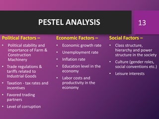 PESTEL ANALYSIS
Political Factors –
• Political stability and
importance of Farm &
Construction
Machinery
• Trade regulations &
tariffs related to
Industrial Goods
• Taxation - tax rates and
incentives
• Favored trading
partners
• Level of corruption
Economic Factors –
• Economic growth rate
• Unemployment rate
• Inflation rate
• Education level in the
economy
• Labor costs and
productivity in the
economy
Social Factors –
• Class structure,
hierarchy and power
structure in the society
• Culture (gender roles,
social conventions etc.)
• Leisure interests
13
 