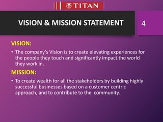 VISION & MISSION STATEMENT
VISION:
• The company’s Vision is to create elevating experiences for
the people they touch and significantly impact the world
they work in.
MISSION:
• To create wealth for all the stakeholders by building highly
successful businesses based on a customer centric
approach, and to contribute to the community.
4
 