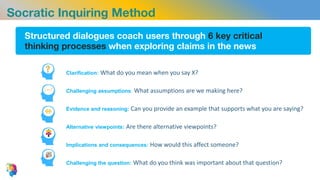 Structured dialogues coach users through 6 key critical
thinking processes when exploring claims in the news
Clarification​: What do you mean when you say X?
Challenging assumptions​: What assumptions are we making here?​
Evidence and reasoning​: Can you provide an example that supports what you are saying?​
Alternative viewpoints​: Are there alternative viewpoints?​
Implications and consequences​: How would this affect someone?​
Challenging the question​: What do you think was important about that question?
Socratic Inquiring Method
 