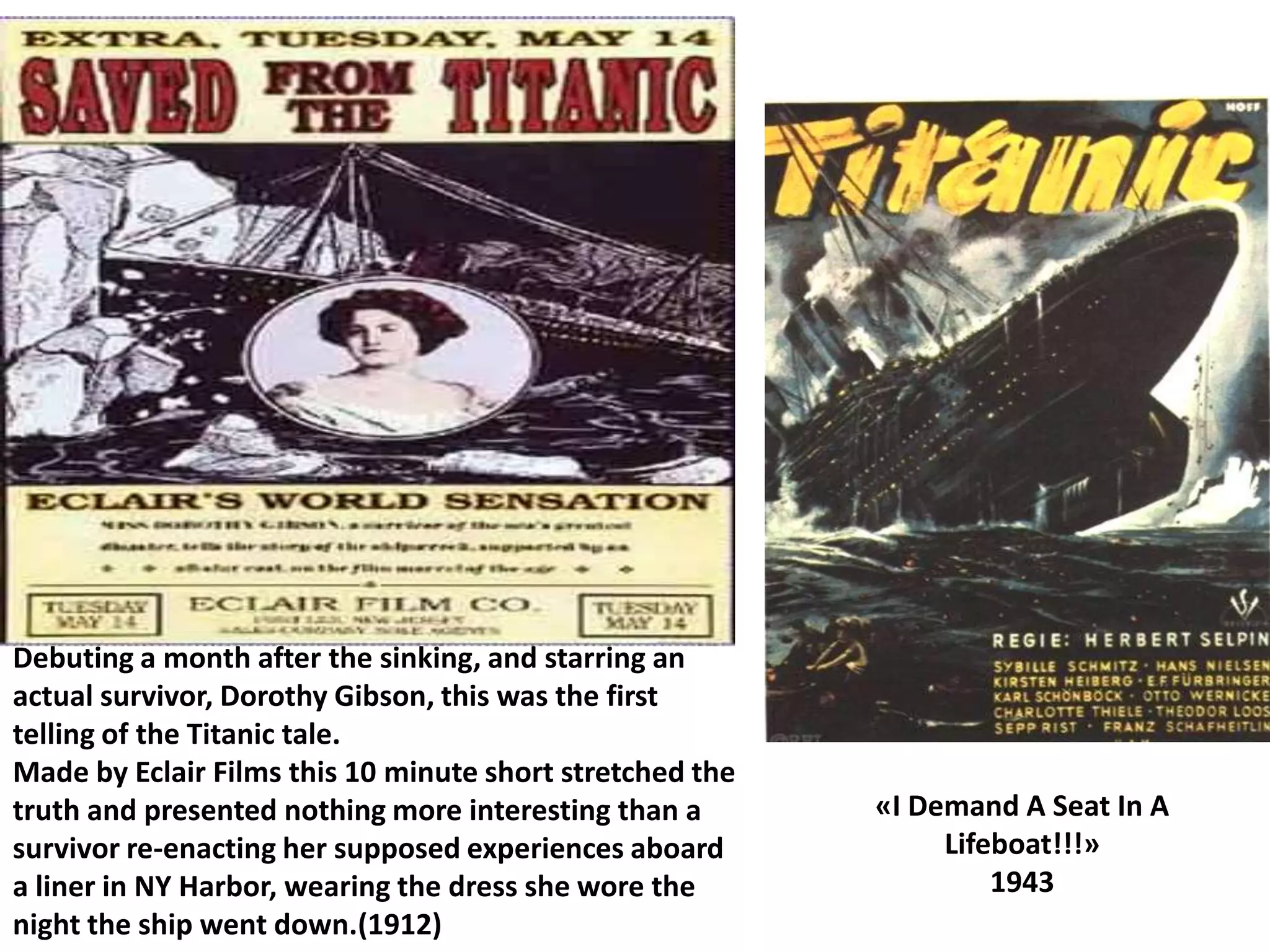 ΑΠΩΛΕΙΕΣΜετά την καταστροφή του Τιτανικού, λιγότεροι από το ένα τρίτο επιβίωσαν. Οι θάνατοι των τόσων ανθρώπων προκλήθηκαν από την υποθερμία καθώς το νερό βρισκόταν στους -2 βαθμούς Κελσίου. Υπολογίζεται ότι ο θάνατος επερχόταν σε περίπου 15 λεπτά.Έρευνες έδειξαν ότι βάρκες διάσωσης, υπήρχαν μόνο για την πρώτη τάξη και όχι για τις άλλες.Στην πρώτη τάξη περίπου 6 στα 7 παιδιά σώθηκαν, στην δεύτερη όλα και στην τρίτη λιγότερα από τα μισά.Όσον αφορά τις γυναίκες, προτεραιότητα δόθηκε σε αυτές και τα παιδιά έτσι κατάφεραν να σωθεί το 75%. Από τους άντρες σώθηκε μόνο το 20%.Λέγεται ότι επέζησαν περισσότεροι Αμερικάνο παρά Άγγλοι. Το γεγονός αυτό οφειλόταν στην τάξη και πειθαρχία που διατηρούσαν οι Βρετανοί προκειμένου να μπουν στις σωστικές λέμβους, σε αντίθεση με τους Αμερικάνους.Μέχρι σήμερα δεν υπάρχει κανένας επιζών. Η τελευταία επιζούσα, MillvinaDean, σώθηκε όταν ήταν μόλις 9 εβδομάδων! Απεβίωσε τον Μάιο του 2009 όταν ήταν 98 χρονών.