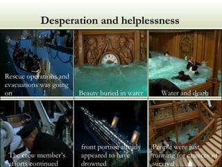 Desperation and helplessness People were just running for chances of survival front portion already appeared to have drowned The crew member’s efforts continued Water and death Beauty buried in water Rescue operations and evacuations was going on 
