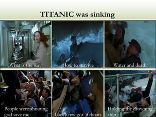TITANIC was sinking Holding the drowning ship Lucky few got lifeboats People were shouting god save me Water and death How to survive What is the way  