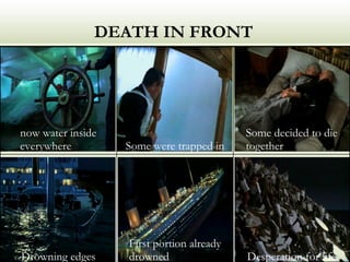 DEATH IN FRONT Desperation for life First portion already drowned Drowning edges Some decided to die together Some were trapped in now water inside everywhere 