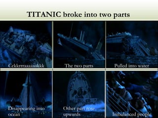 TITANIC broke into two parts Imbalanced people Other part rose upwards Disappearing into ocean Pulled into water The two parts Cckkrrraaaaaakkk 