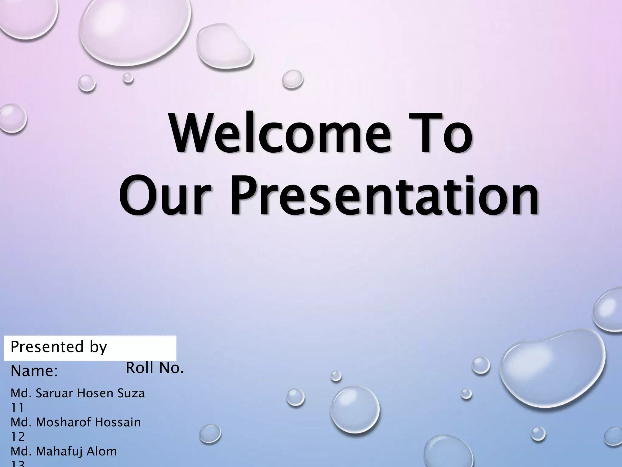 Welcome To
Our Presentation
Md. Saruar Hosen Suza
11
Md. Mosharof Hossain
12
Md. Mahafuj Alom
Presented by
Name: Roll No.
 