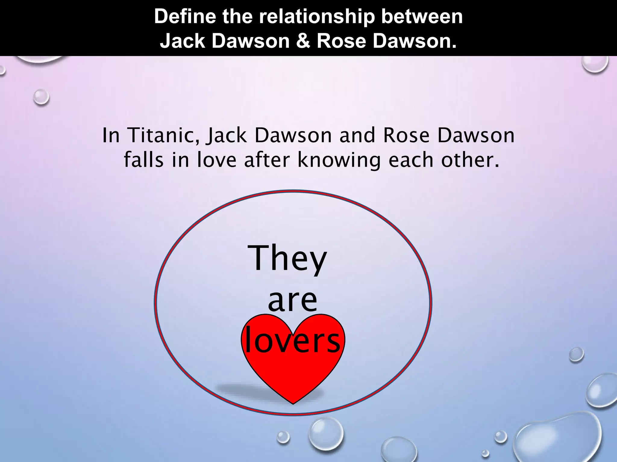 Define the relationship between
Jack Dawson & Rose Dawson.
In Titanic, Jack Dawson and Rose Dawson
falls in love after knowing each other.
They
are
lovers
 