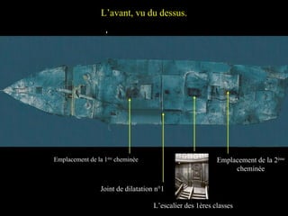 L’avant, vu du dessus. Emplacement de la 1 ère  cheminée Joint de dilatation n°1 Emplacement de la 2 ème  cheminée L’escalier des 1ères classes 