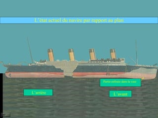 L’état actuel du navire par rapport au plan L’arrière L’avant Partie enfouie dans la vase 