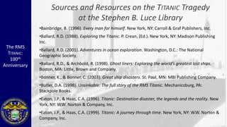 Sources and Resources on the TITANIC Tragedy
                           at the Stephen B. Luce Library
              •Bainbridge, B. (1996). Every man for himself. New York, NY: Carroll & Graf Publishers, Inc.
              •Ballard, R.D. (1988). Exploring the Titanic. P. Crean, (Ed.). New York, NY: Madison Publishing
              Inc.
 The RMS
              •Ballard, R.D. (2001). Adventures in ocean exploration. Washington, D.C.: The National
  TITANIC:    Geographic Society.
   100th
Anniversary   •Ballard, R.D., & Archbold, R. (1998). Ghost liners: Exploring the world’s greatest lost ships.
              Boston, MA: Little, Brown and Company.
              •Bonner, K., & Bonner, C. (2003). Great ship disasters. St. Paul, MN: MBI Publishing Company.
              •Butler, D.A. (1998). Unsinkable: The full story of the RMS Titanic. Mechanicsburg, PA:
              Stackpole Books.
              •Eaton, J.P., & Haas, C.A. (1996). Titanic: Destination disaster, the legends and the reality. New
              York, NY: W.W. Norton & Company, Inc.
              •Eaton, J.P., & Haas, C.A. (1999). Titanic: A journey through time. New York, NY: W.W. Norton &
              Company, Inc.
 