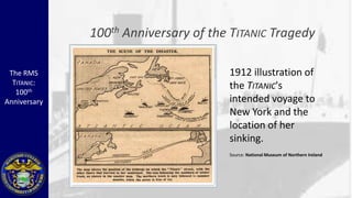 100 th   Anniversary of the TITANIC Tragedy

 The RMS                                 1912 illustration of
  TITANIC:                               the TITANIC's
   100th
Anniversary                              intended voyage to
                                         New York and the
                                         location of her
                                         sinking.
                                         Source: National Museum of Northern Ireland
 