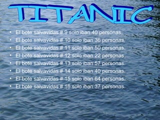 El bote salvavidas # 9 solo iban 40 personas. El bote salvavidas # 10 solo iban 36 personas. El bote salvavidas # 11 solo iban 50 personas. El bote salvavidas # 12 solo iban 22 personas. El bote salvavidas # 13 solo iban 57 personas. El bote salvavidas # 14 solo iban 40 personas. El bote salvavidas # 15 solo iban 64 personas. El bote salvavidas # 16 solo iban 37 personas. TITANIC  
