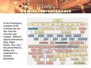 TITANIC
                UN MITO CONTEMPORÁNEO


In the Cosmogony
(creation of the
universe) we can
see how the
universe was
created. Different
natural phenomena
(Day, Night,
Ocean, Sun, etc.)
are personified by
deities and
organized in a
dynastic
genealogy.
 