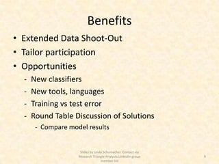 Benefits
• Extended Data Shoot-Out
• Tailor participation
• Opportunities
  -   New classifiers
  -   New tools, languages
  -   Training vs test error
  -   Round Table Discussion of Solutions
       - Compare model results


                     Slides by Linda Schumacher. Contact via
                    Research Triangle Analysts LinkedIn group   8
                                   member list
 