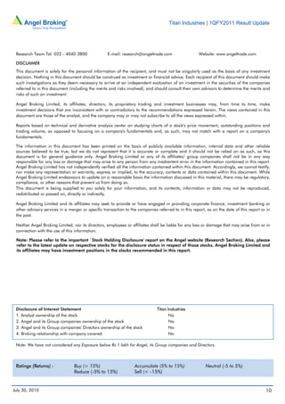 Titan Industries | 1QFY2011 Result Update




 Research Team Tel: 022 - 4040 3800                E-mail: research@angeltrade.com                   Website: www.angeltrade.com

 DISCLAIMER
 This document is solely for the personal information of the recipient, and must not be singularly used as the basis of any investment
 decision. Nothing in this document should be construed as investment or financial advice. Each recipient of this document should make
 such investigations as they deem necessary to arrive at an independent evaluation of an investment in the securities of the companies
 referred to in this document (including the merits and risks involved), and should consult their own advisors to determine the merits and
 risks of such an investment.

 Angel Broking Limited, its affiliates, directors, its proprietary trading and investment businesses may, from time to time, make
 investment decisions that are inconsistent with or contradictory to the recommendations expressed herein. The views contained in this
 document are those of the analyst, and the company may or may not subscribe to all the views expressed within.

 Reports based on technical and derivative analysis center on studying charts of a stock's price movement, outstanding positions and
 trading volume, as opposed to focusing on a company's fundamentals and, as such, may not match with a report on a company's
 fundamentals.

 The information in this document has been printed on the basis of publicly available information, internal data and other reliable
 sources believed to be true, but we do not represent that it is accurate or complete and it should not be relied on as such, as this
 document is for general guidance only. Angel Broking Limited or any of its affiliates/ group companies shall not be in any way
 responsible for any loss or damage that may arise to any person from any inadvertent error in the information contained in this report.
 Angel Broking Limited has not independently verified all the information contained within this document. Accordingly, we cannot testify,
 nor make any representation or warranty, express or implied, to the accuracy, contents or data contained within this document. While
 Angel Broking Limited endeavours to update on a reasonable basis the information discussed in this material, there may be regulatory,
 compliance, or other reasons that prevent us from doing so.
 This document is being supplied to you solely for your information, and its contents, information or data may not be reproduced,
 redistributed or passed on, directly or indirectly.

 Angel Broking Limited and its affiliates may seek to provide or have engaged in providing corporate finance, investment banking or
 other advisory services in a merger or specific transaction to the companies referred to in this report, as on the date of this report or in
 the past.

 Neither Angel Broking Limited, nor its directors, employees or affiliates shall be liable for any loss or damage that may arise from or in
 connection with the use of this information.

 Note: Please refer to the important `Stock Holding Disclosure' report on the Angel website (Research Section). Also, please
 refer to the latest update on respective stocks for the disclosure status in respect of those stocks. Angel Broking Limited and
 its affiliates may have investment positions in the stocks recommended in this report.




 Disclosure of Interest Statement                                             Titan Industries
 1. Analyst ownership of the stock                                                   No
 2. Angel and its Group companies ownership of the stock                             No
 3. Angel and its Group companies' Directors ownership of the stock                  No
 4. Broking relationship with company covered                                        No

 Note: We have not considered any Exposure below Rs 1 lakh for Angel, its Group companies and Directors.



 Ratings (Returns) :             Buy (> 15%)                      Accumulate (5% to 15%)                 Neutral (-5 to 5%)
                                 Reduce (-5% to 15%)              Sell (< -15%)


July 30, 2010                                                                                                                             10
 