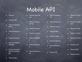 Mobile API
Titanium            Titanium.App.And    Titanium.Geoloca   Titanium.UI.Andr
                    roid                tion               oid

Titanium.API
                    Titanium.App.Pro    Titanium.Gesture   Titanium.UI.Clipb
                    perties                                oard
Titanium.Accelero
meter                                   Titanium.Locale
                    Titanium.App.iOS                       Titanium.UI.iOS

Titanium.Analytic                       Titanium.Map
s                   Titanium.Contacts                      Titanium.UI.iPad

                                        Titanium.Media
Titanium.Android    Titanium.Databas                       Titanium.UI.iPhon
                    e                                      e
                                        Titanium.Network
Titanium.Android.
Calendar            Titanium.Faceboo                       Titanium.Utils
                                        Titanium.Platfor
                    k
                                        m
Titanium.Android.                                          Titanium.XML
NotiﬁcationMana     Titanium.Filesyst
                                        Titanium.UI
ger                 em
                                                           Titanium.Yahoo

Titanium.App
 