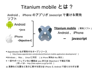 Titanium mobile とは？ ◆  Appcelerator 社が開発するオープンソース 　　（  http://www.appcelerator.com/products/titanium-mobile-application-development/  ） ◆ Windows 、 Mac 、 Linux に対応 　（※ iPhone 開発は Mac 限定） ◆ 一部サポートしていない機能は java または Objective-C で補足可能 （詳しくは->  http://labs.septeni.co.jp/?p=530  ） ※ 画像など位置など表示に関する部分は iPhone と Android で振り分けが必要 Android 、 iPhone のアプリが Javascript で書ける開発ソフト Android 　 - java iPhone 　 - Objective-C Titanium mobile   （開発ソフト） Android 、 iPhone 　　―　 javascript 