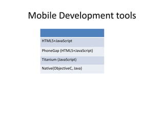 Mobile Development tools

   HTML5+JavaScript

   PhoneGap (HTML5+JavaScript)

   Titanium (JavaScript)

   Native(ObjectiveC, Java)
 