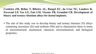 Cordeiro JM, Beline T, Ribeiro AL, Rangel EC, da Cruz NC, Landers R,
Faverani LP, Vaz LG, Fais LM, Vicente FB, Grandini CR. Development of
binary and ternary titanium alloys for dental implants.
 The aim of this study was to develop binary and ternary titanium (Ti) alloys
containing zirconium (Zr) and niobium (Nb) and to characterize them in terms
of microstructural, mechanical, chemical, electrochemical, and biological
properties.
Dental Materials. 2017 Nov 1;33(11):1244-57.
 