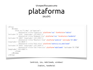 [android, ios, mobileweb, windows]
<Alloy>
<Window>
<View ns="Ti.Map" id="mapview">
<Annotation title="Cupertino" platform='ios' formFactor='tablet'
latitude='37.3231' longitude='-122.0311'/>
<Annotation title="Redwood City" platform='ios' formFactor='handheld'
latitude='37.4853' longitude='-122.2353'/>
<Annotation title="Mountain View" platform='android' latitude='37.3861'
longitude='-122.0828'/>
<Annotation title="Palo Alto" platform='android,ios,mobileweb'
latitude='37.4419' longitude='-122.1419'/>
<Annotation title="San Francisco" platform='mobileweb' latitude='37.7750'
longitude='-122.4183'/>
</View>
</Window>
</Alloy>
[tablet, handheld]
UI especíﬁco para uma
plataforma(ALLOY)
 