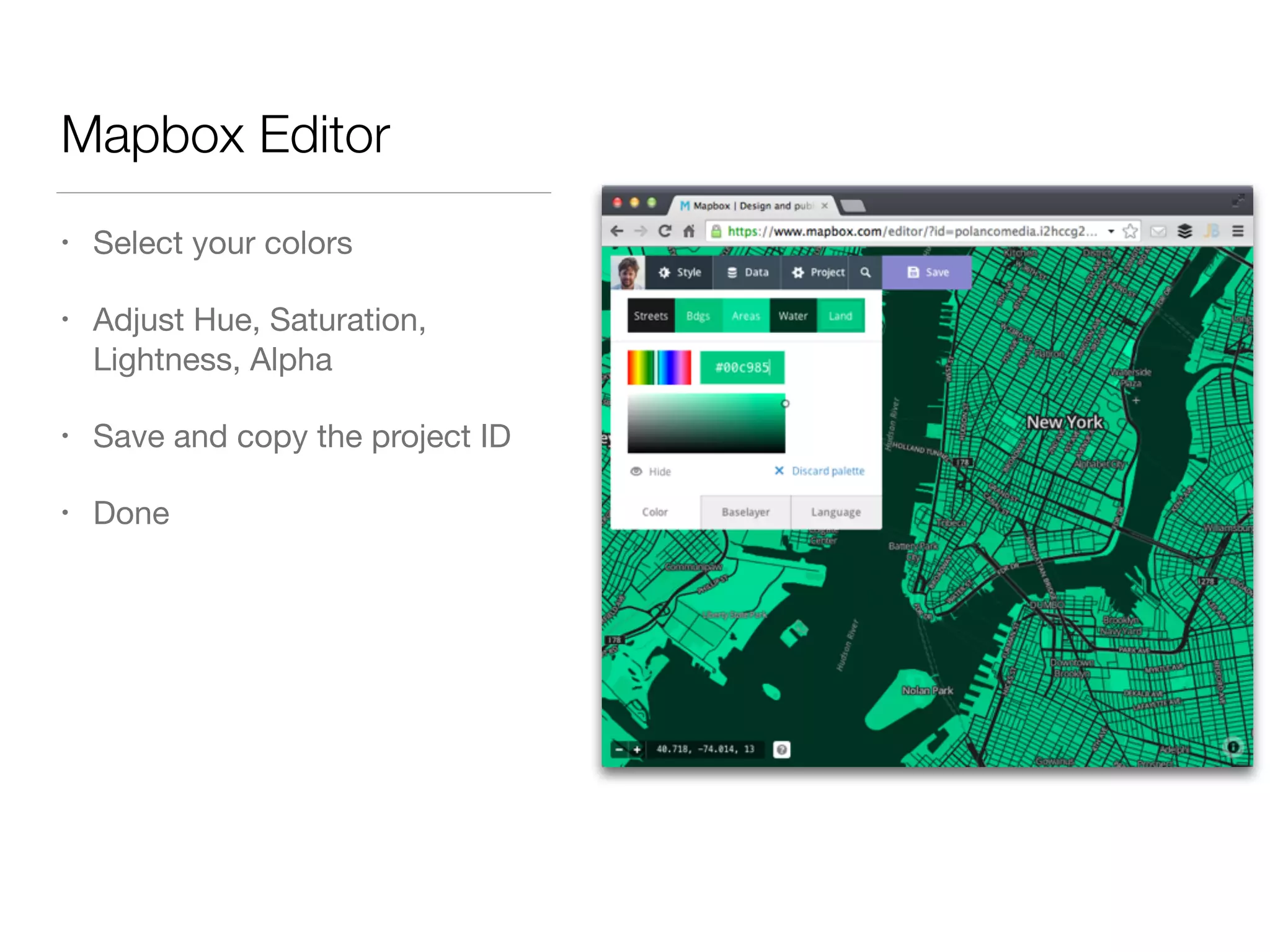 Mapbox Editor
• Select your colors

• Adjust Hue, Saturation,
Lightness, Alpha

• Save and copy the project ID

• Done
 