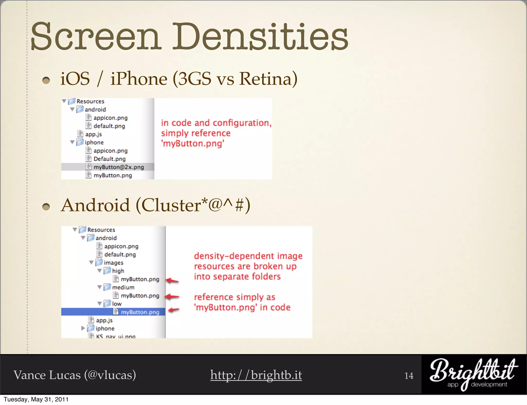 Screen Densities
                  iOS / iPhone (3GS vs Retina)




                  Android (Cluster*@^#)




   Vance Lucas (@vlucas)           http://brightb.it   14

Tuesday, May 31, 2011
 