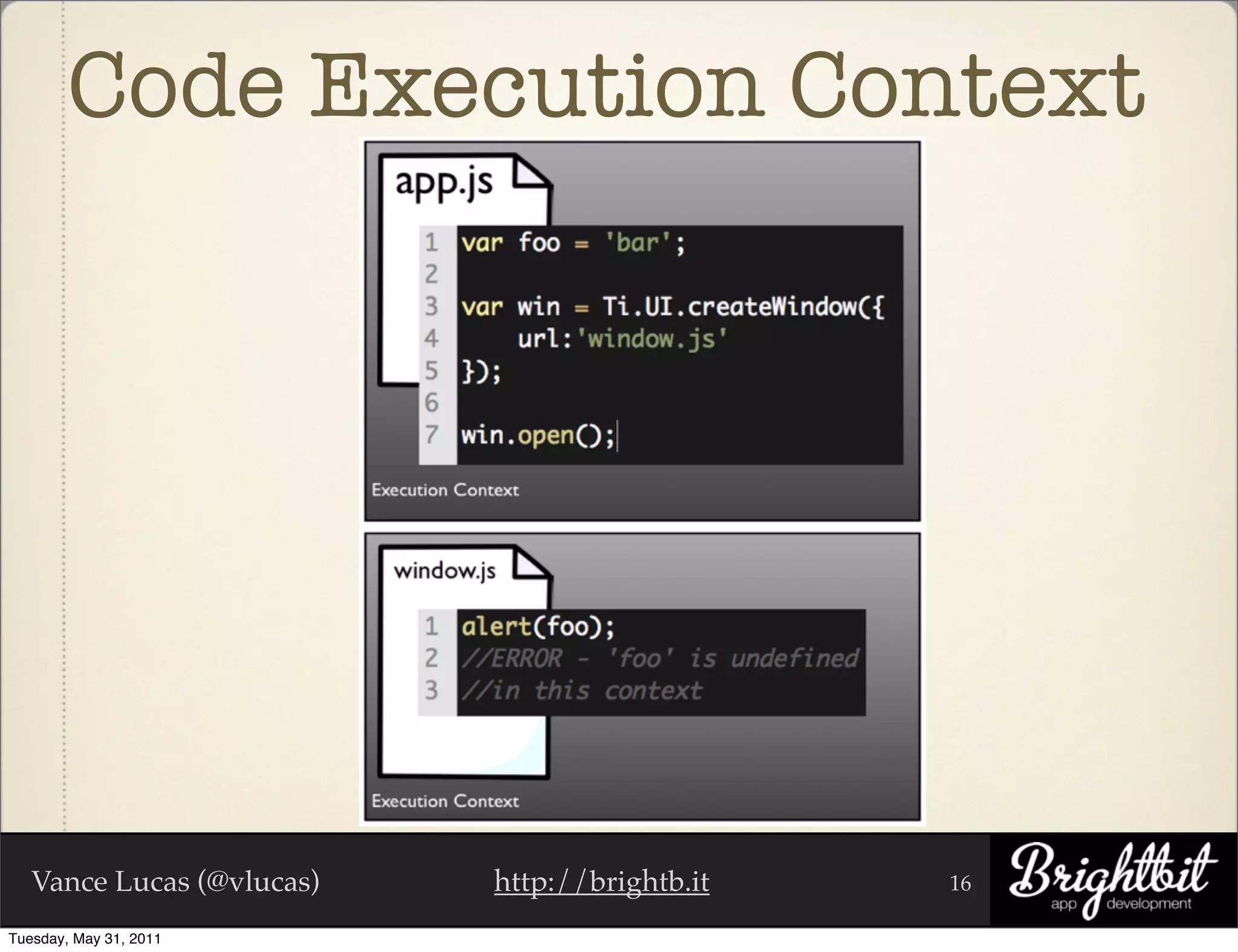 Code Execution Context




   Vance Lucas (@vlucas)   http://brightb.it   16

Tuesday, May 31, 2011
 