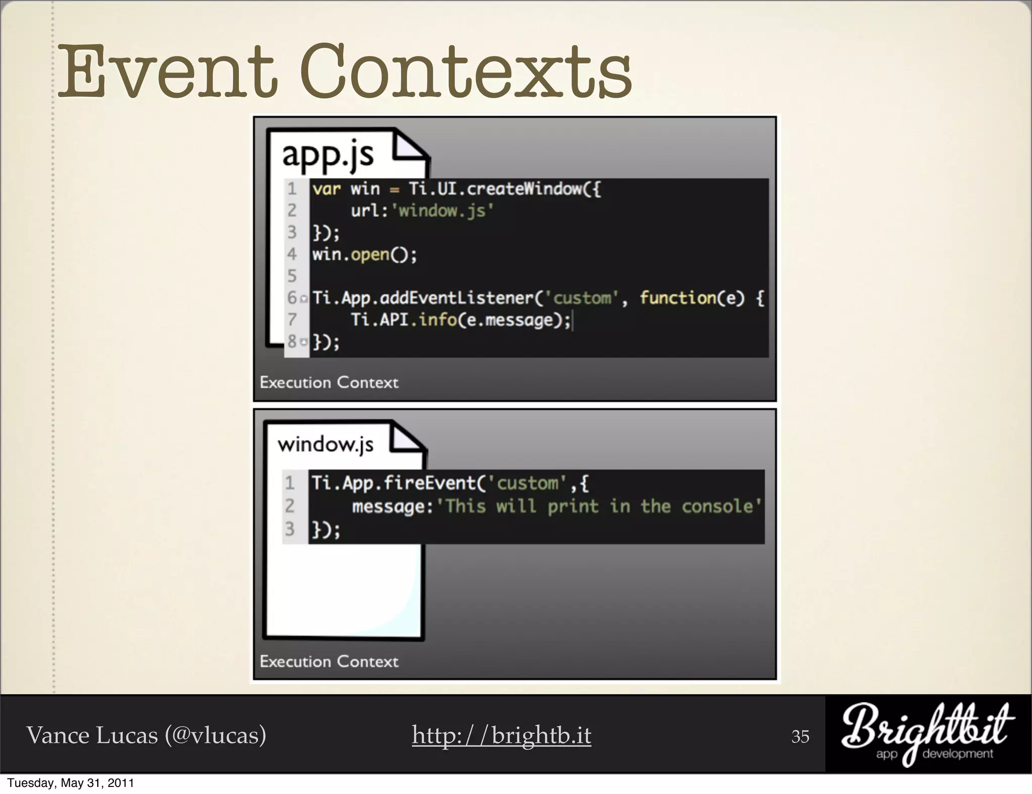 Event Contexts




   Vance Lucas (@vlucas)   http://brightb.it   35

Tuesday, May 31, 2011
 