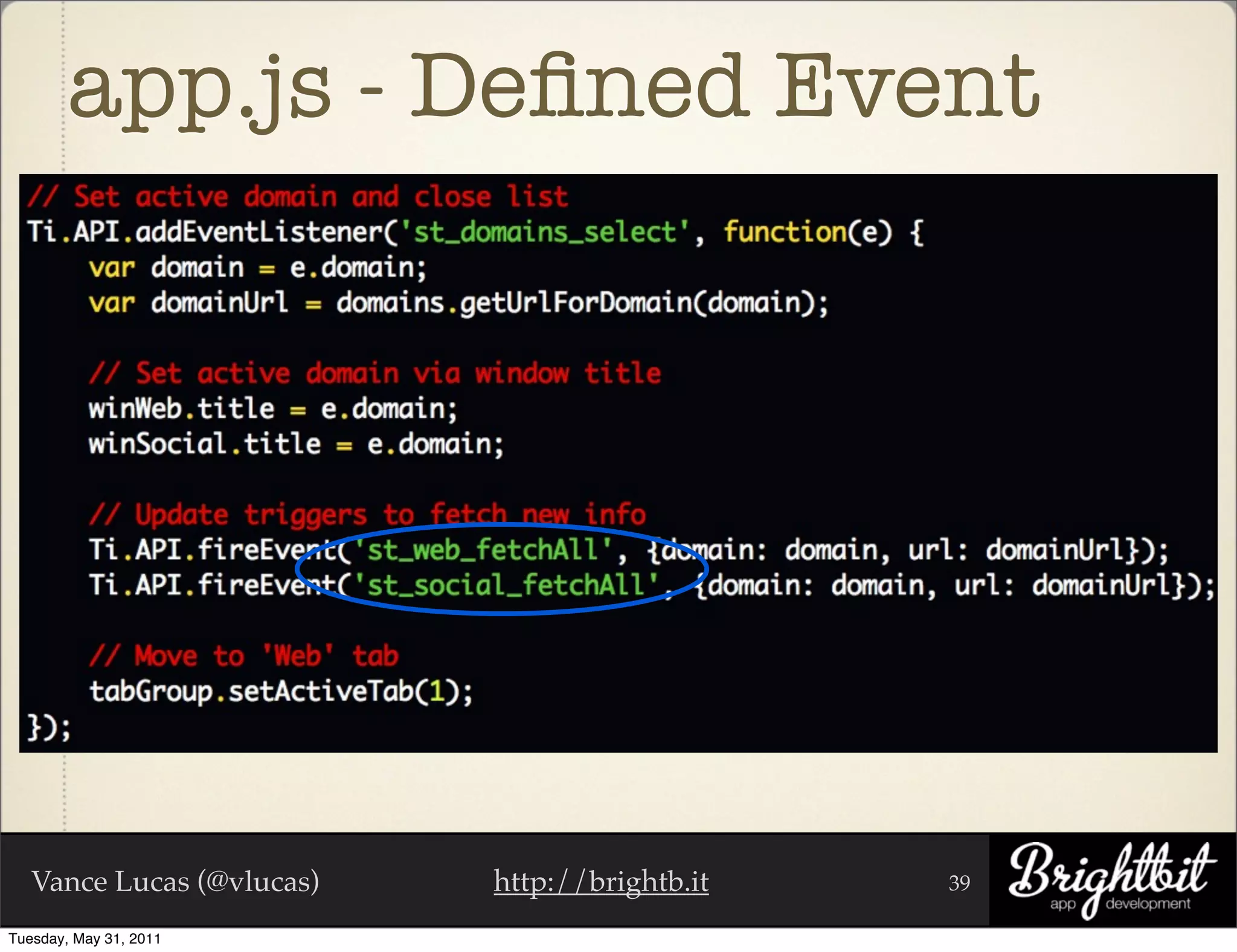 app.js - Deﬁned Event




   Vance Lucas (@vlucas)   http://brightb.it   39

Tuesday, May 31, 2011
 