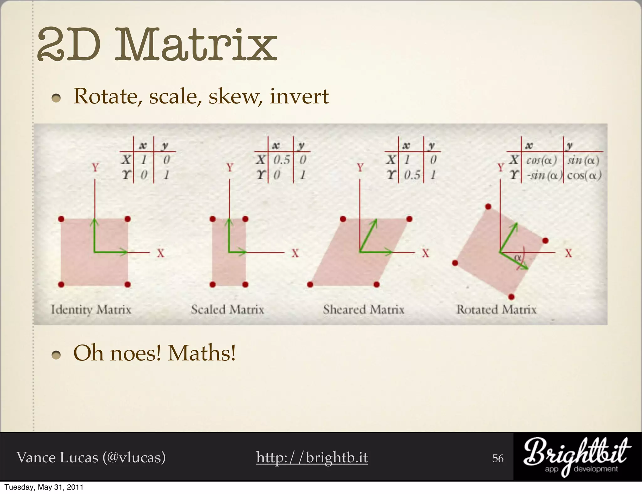 2D Matrix
                  Rotate, scale, skew, invert




                  Oh noes! Maths!



   Vance Lucas (@vlucas)             http://brightb.it   56

Tuesday, May 31, 2011
 